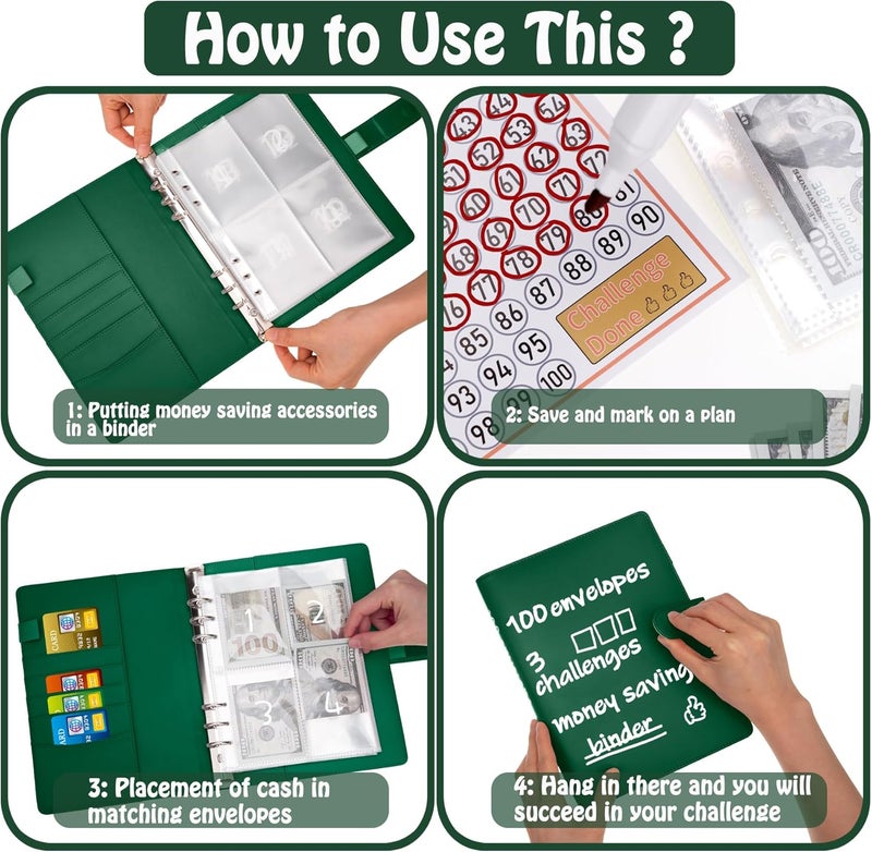 Antner 100 Envelopes Money Saving Challenge Binder, Savings Challenges Book with Envelopes & 3 Challenge Trackers to Save $5,050 and $500 and $10,000, A5 Budget Binder Money Saving Book, Dark Green - Image 4